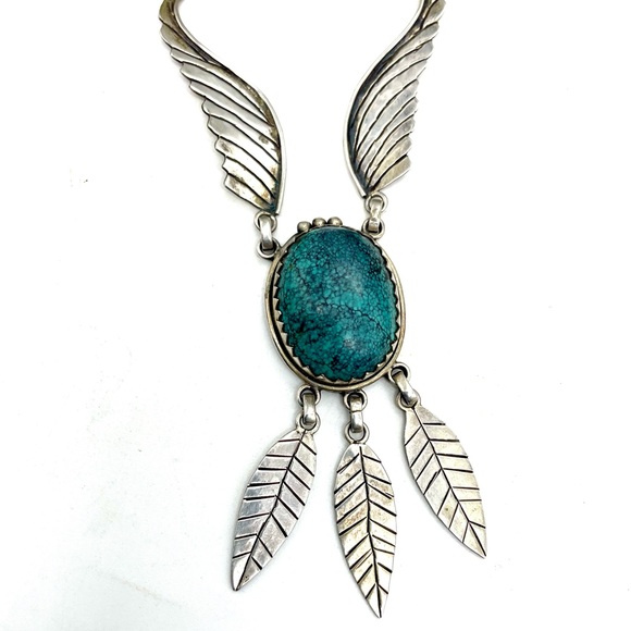 Vtg Genuine Spiderweb Turquoise 925 Sterling Silver Bib Necklace NA - Picture 8 of 9